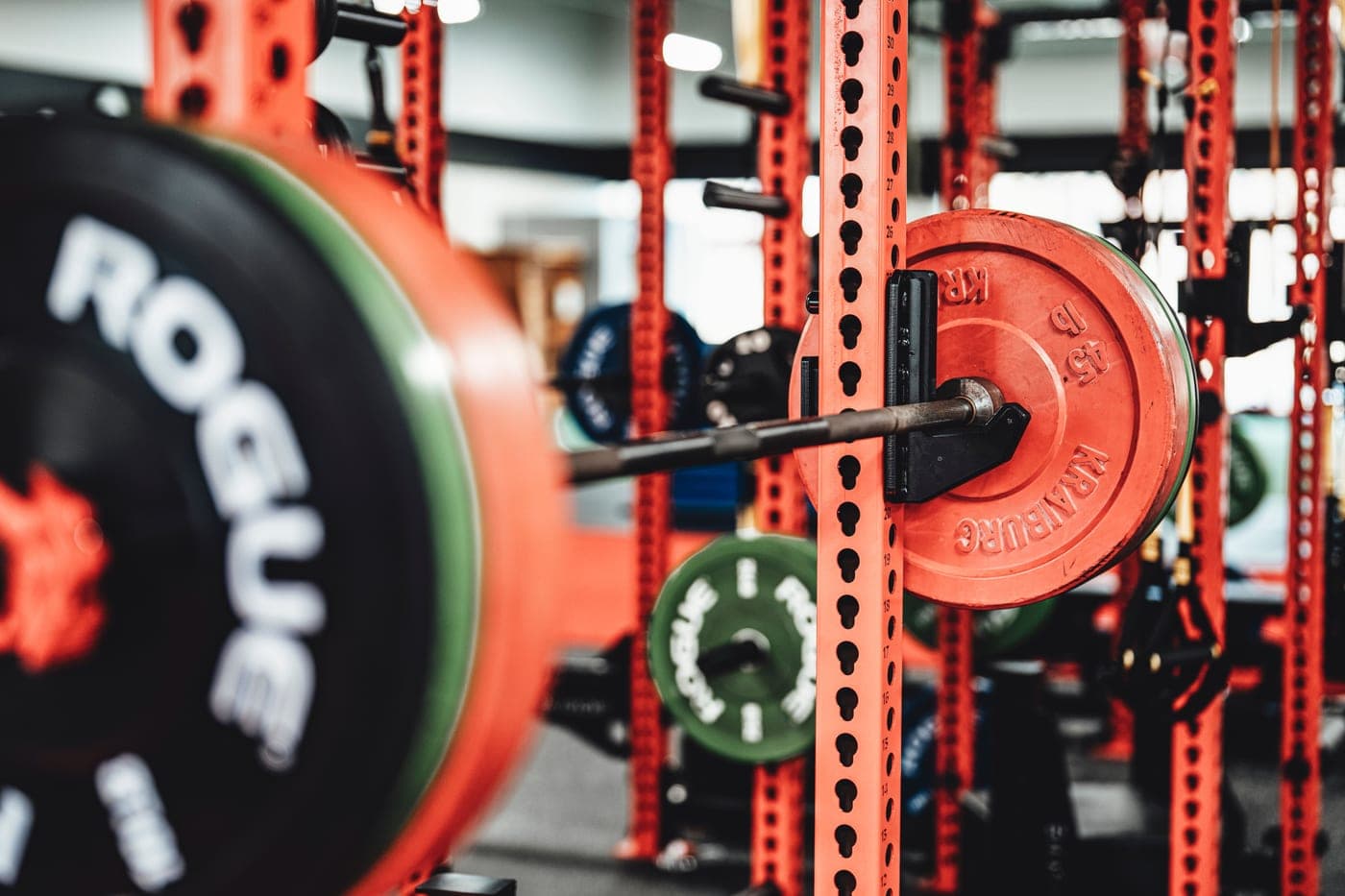 A home garage gym with equipment along one wall