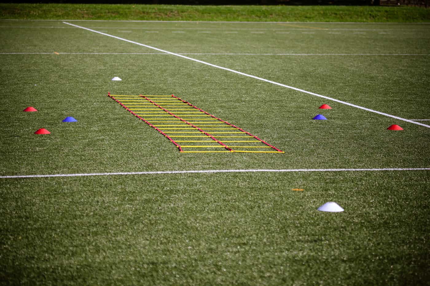 An agility ladder and marker cones laid out on a grass field