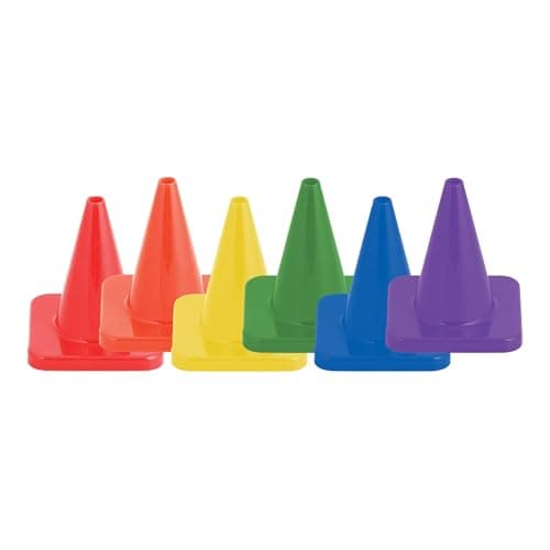 Brightly colored training cones standing on a field