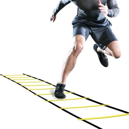 An agility ladder and marker cones laid out on a grass field